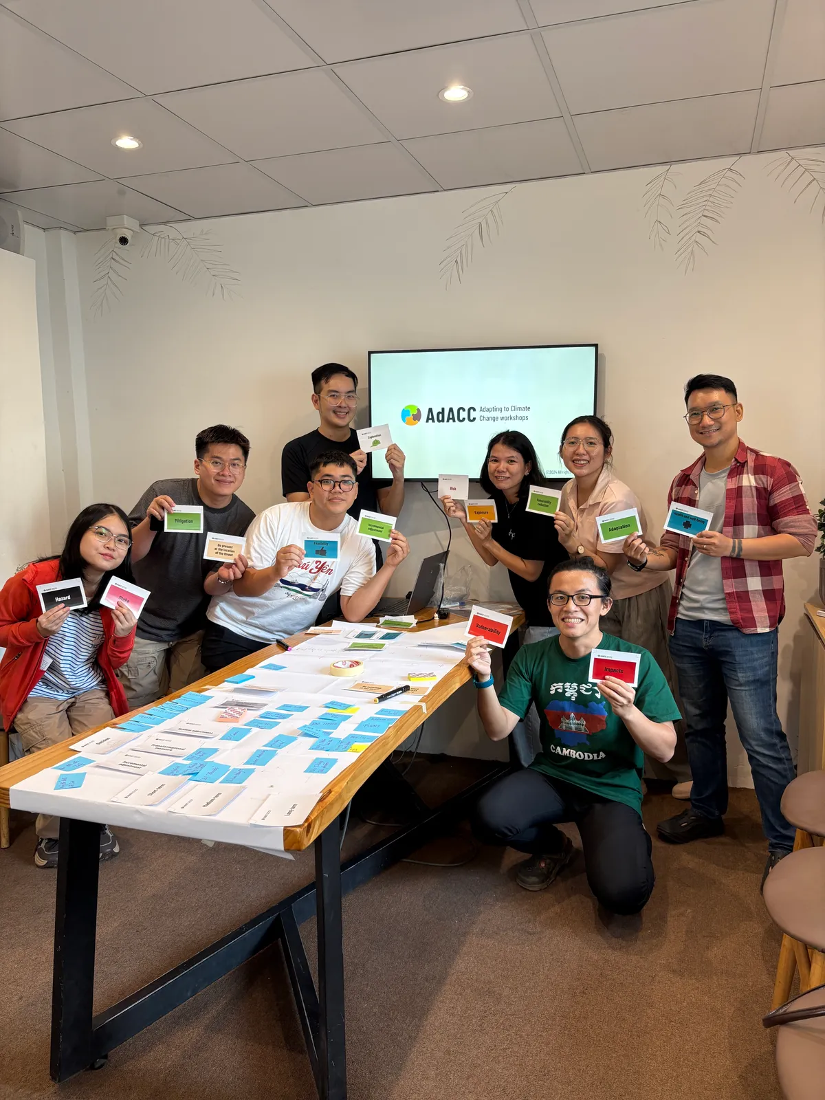 Group photo of adaptation workshop participants with cards